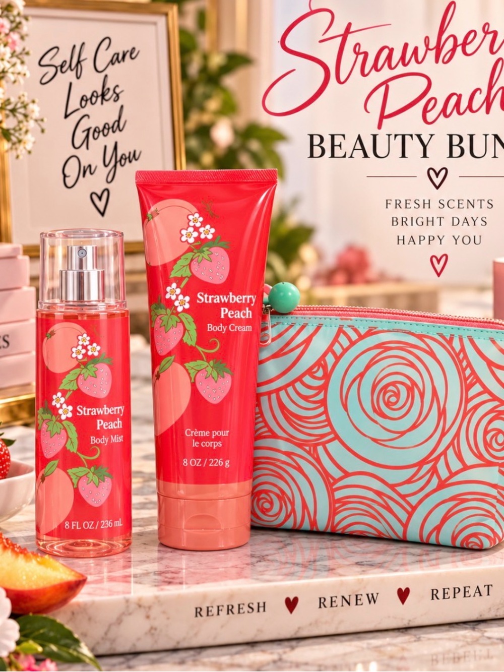 Strawberry Peach Body Cream & Mist Set - Pink